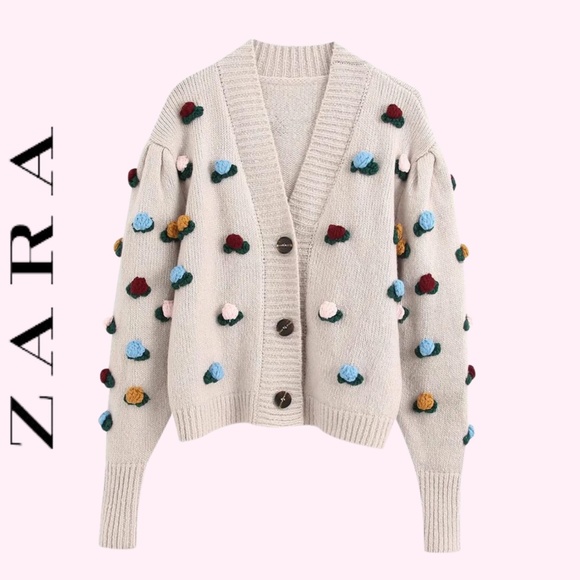 Zara Sweaters - Zara Beige Wool Flower Floral Sweater Cardigan